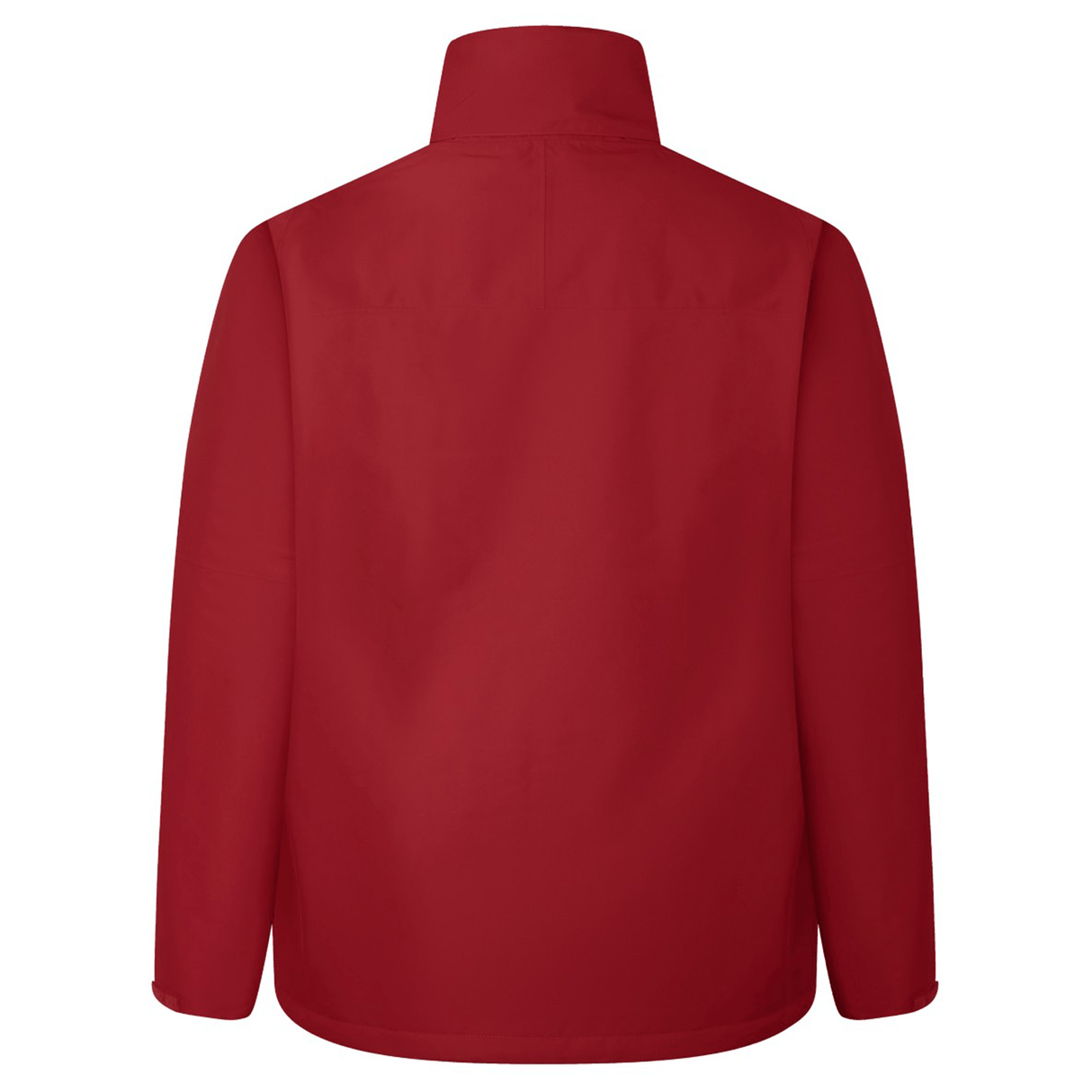 The British & Irish Lions 2025 Waterproof Jacket by Canterbury showcases a plain red design, displayed from the back with a high collar and long sleeves.