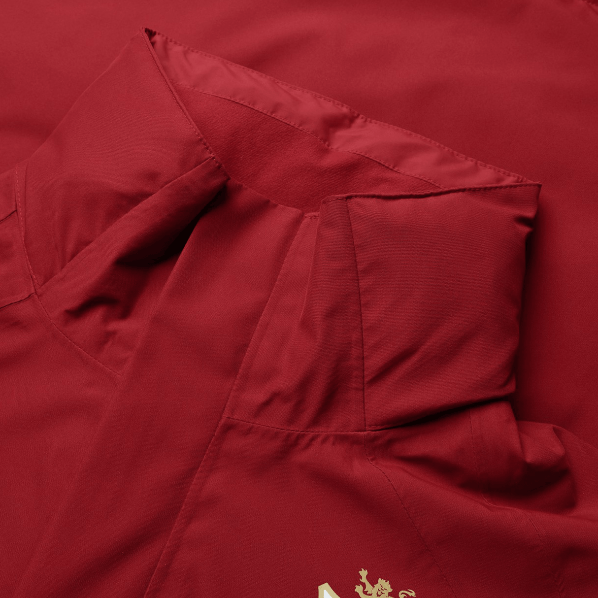 Close-up of the British & Irish Lions 2025 Waterproof Jacket by Canterbury in red, showcasing its adjustable hood and a partially visible gold emblem on the lower right.