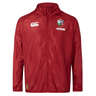 The British & Irish Lions 2025 Lightweight Rain Jacket by Canterbury is a red sports jacket with a hood, showcasing the British and Irish Lions logo on the left chest, complemented by the Canterbury and Vodafone logos. This lightweight and water-resistant design is ideal for rugby enthusiasts.