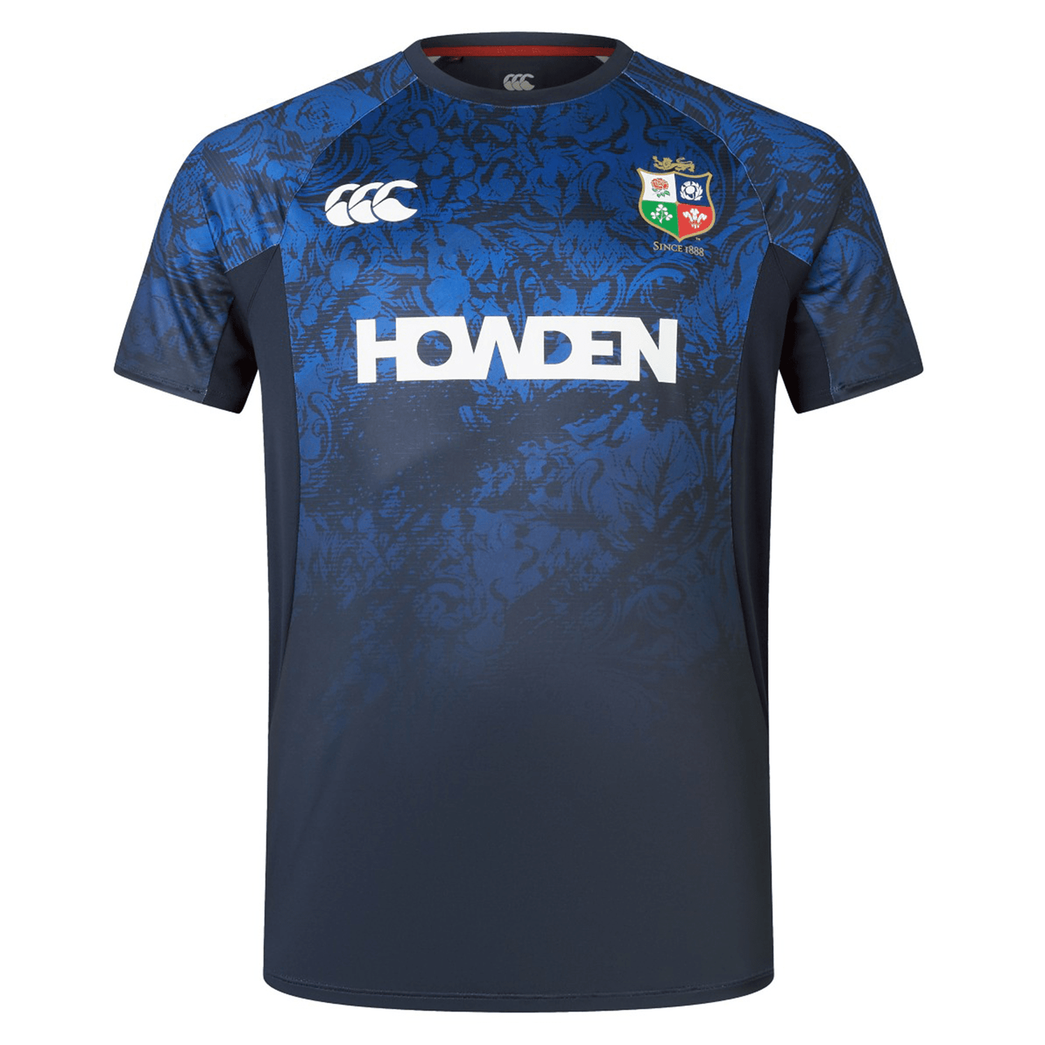 The British & Irish Lions 25 Superlight Training Tee by Canterbury is a blue and black rugby jersey adorned with a floral pattern and branding logos on the chest. With its short sleeves, this design combines style and functionality, making it ideal for fans of the British & Irish Lions.
