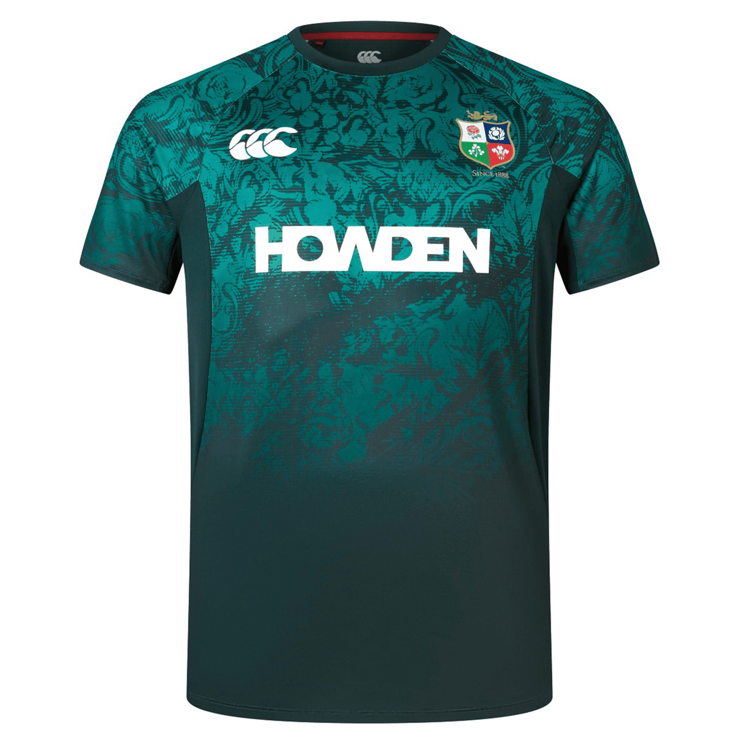 The British & Irish Lions 25 Superlight Training Tee by Canterbury is a green and teal sports jersey adorned with the Howden logo, the Canterbury logo, and a multi-colored crest featuring four emblems. It perfectly embodies the spirit of the British & Irish Lions.