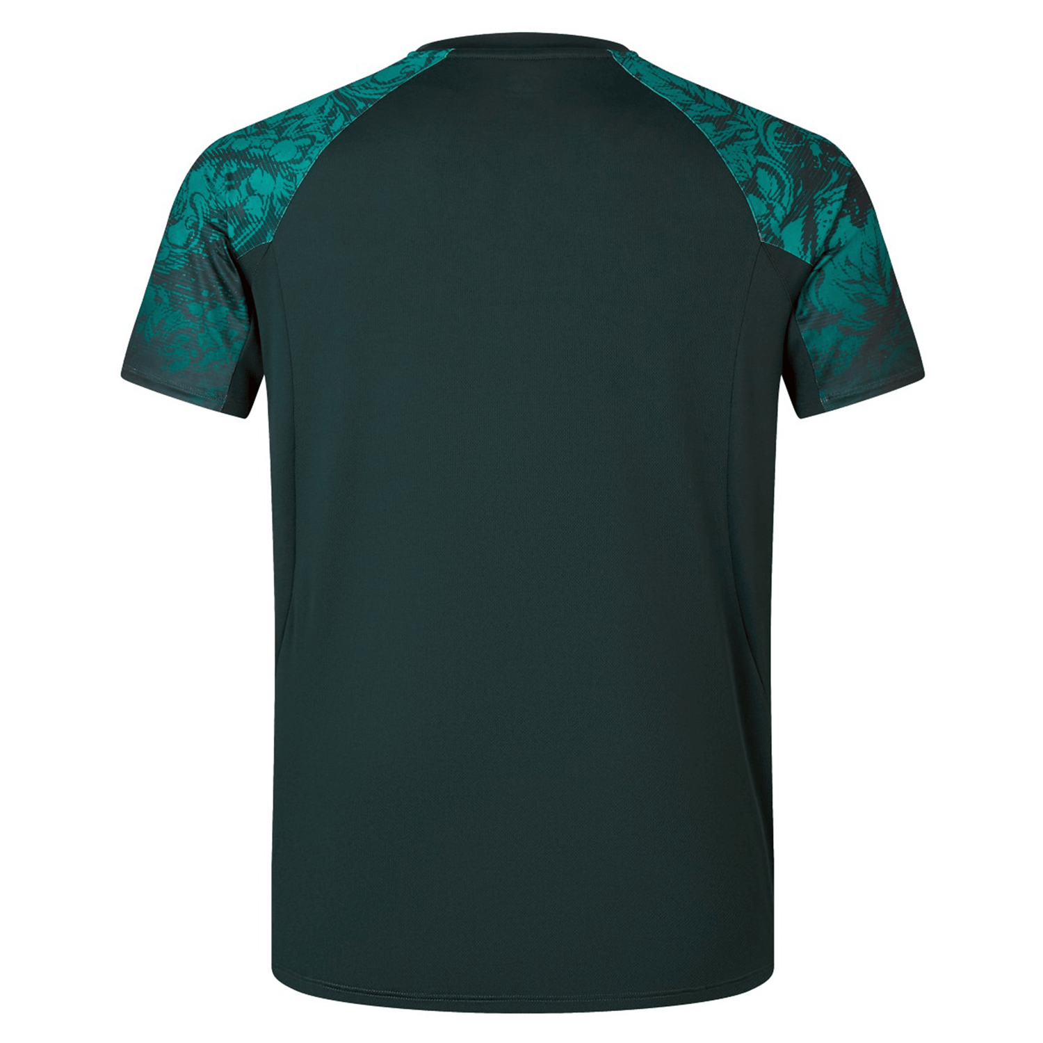 Back view of the British & Irish Lions 25 Superlight Training Tee by Canterbury in dark green, showcasing teal patterned shoulders and sleeves with a classic Canterbury raglan design.