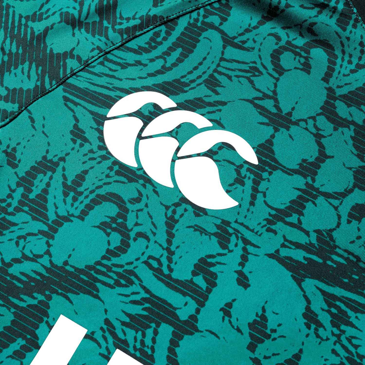 A close-up of the British & Irish Lions 25 Superlight Training Tee by Canterbury in green and black, showcasing a white logo with three overlapping shapes.