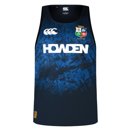 The British & Irish Lions 25 Poly Singlet by Canterbury features a striking floral pattern in blue and black, adorned with the iconic Canterbury logo, the word "Howden," and a unique shield displaying four animal symbols. It's an excellent choice for fans of the British & Irish Lions.