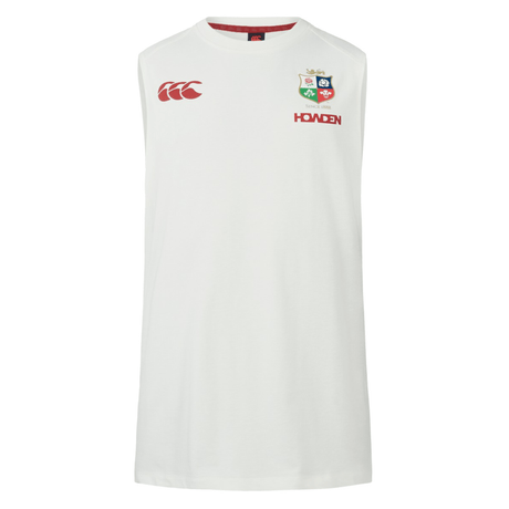 The British & Irish Lions 25 Cotton Muscle Tank by Canterbury is a sleeveless white rugby jersey featuring red logos and an emblem decorated with the liver bird, red dragon, thistle, and shamrock symbols, embodying the spirit of the British & Irish Lions.