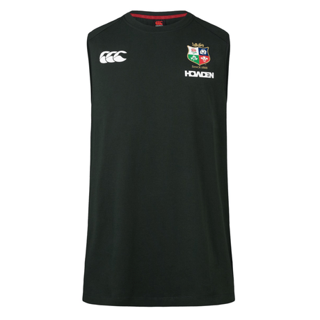This sleek sleeveless sports jersey, named the British & Irish Lions 25 Cotton Muscle Tank by Canterbury, prominently showcases both the Canterbury and British & Irish Lions logos on the front. It is designed with a bold red interior neckline that adds a touch of flair.