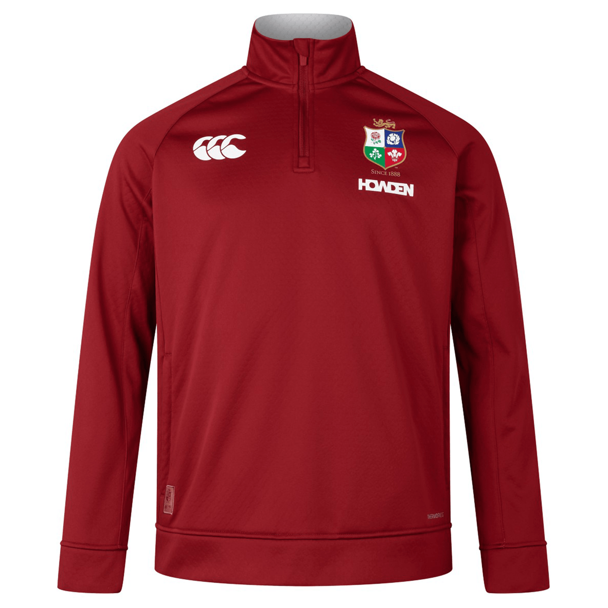 A British & Irish Lions 2025 1/4 Zip Fleece by Canterbury in red, showcasing logos on the chest including the iconic British & Irish Lions emblem and the word "Haven.