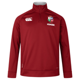 A British & Irish Lions 2025 1/4 Zip Fleece by Canterbury in red, showcasing logos on the chest including the iconic British & Irish Lions emblem and the word "Haven.