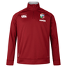 A British & Irish Lions 2025 1/4 Zip Fleece by Canterbury in red, showcasing logos on the chest including the iconic British & Irish Lions emblem and the word "Haven.