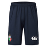 The British & Irish Lions 2025 Training Shorts by Canterbury are navy blue and feature a crest on the left leg and a logo on the right leg, making them ideal for tough training sessions.