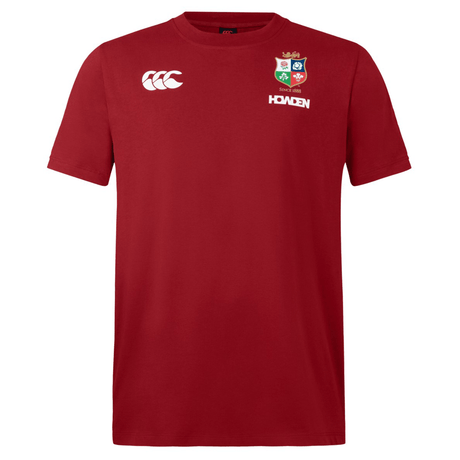 Introducing the British & Irish Lions 2025 Cotton Jersey Tee by Canterbury, made from organic cotton, adorned with the iconic logo and crest of the British & Irish Lions in a striking red. It's an ideal choice for any devoted rugby fan.
