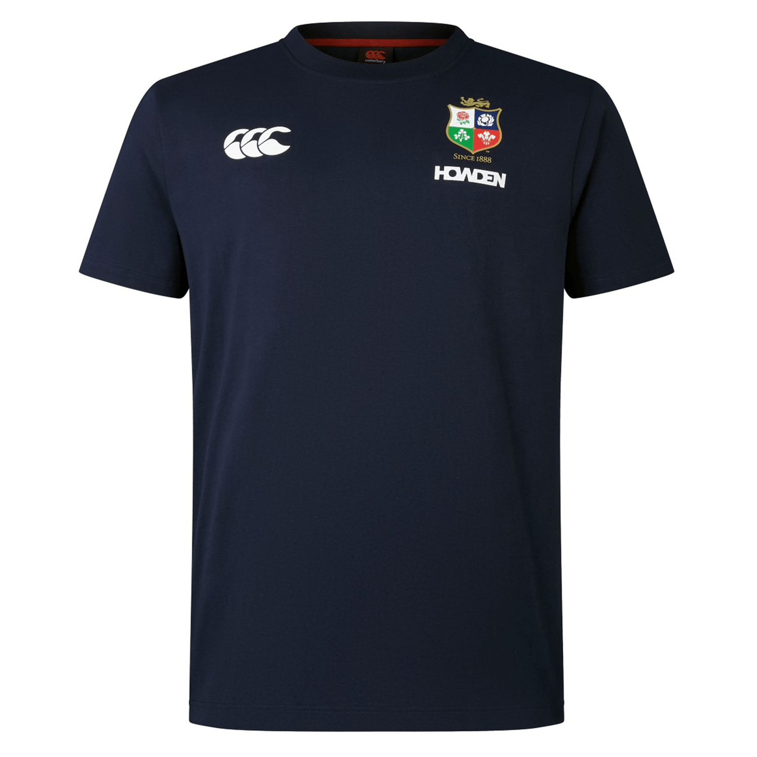 The British & Irish Lions 2025 Cotton Jersey Tee by Canterbury is a dark blue t-shirt crafted from organic cotton. It features a white Canterbury logo on the right side and a colorful rugby crest with "HOLDEN" text on the left chest, making it perfect for a true rugby supporter.