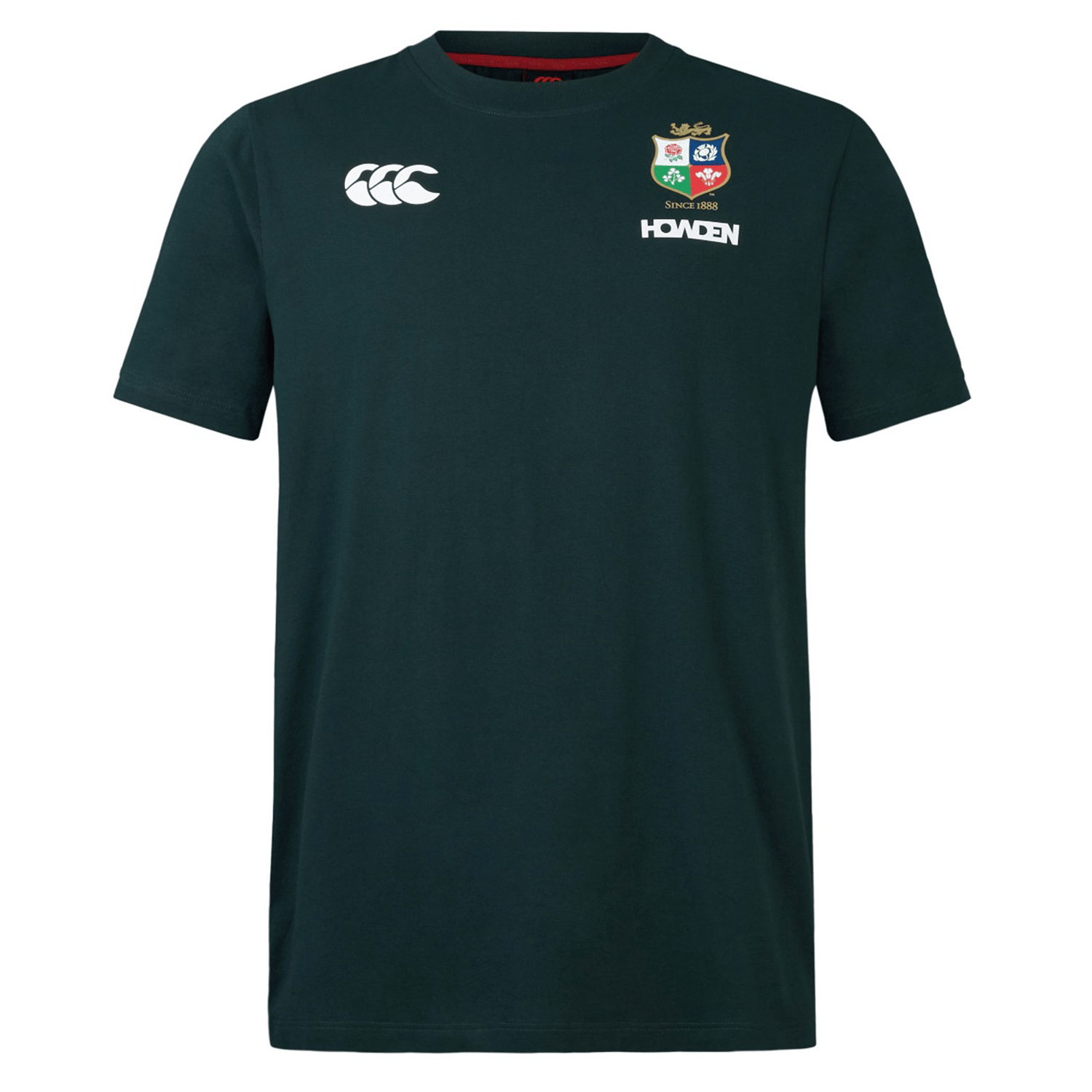 Dark green British & Irish Lions 2025 Cotton Jersey Tee by Canterbury, made from organic cotton and showcasing the Canterbury logo and shield crest on the front—an essential piece for every dedicated rugby supporter.