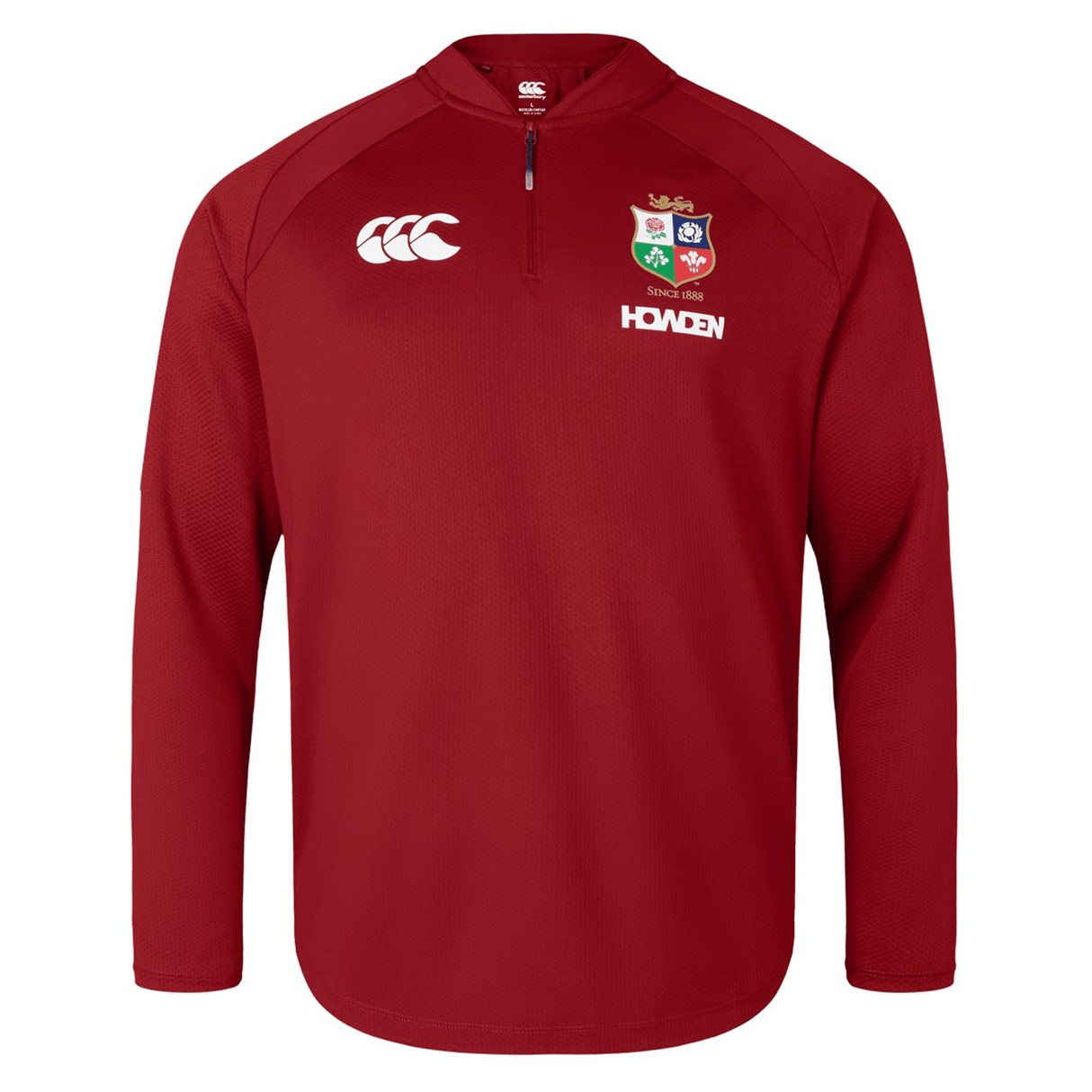 The British & Irish Lions 25 Everest First Layer Top by Canterbury is a red sports top with a quarter zip and logos on the chest, offering a perfect blend of style and performance.