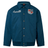 The British & Irish Lions 2025 Heritage Quilted Jacket by Canterbury features a blue fabric design with a classic collar and button front, adorned with the Canterbury logo on the left and the British & Irish Lions shield emblem on the right.