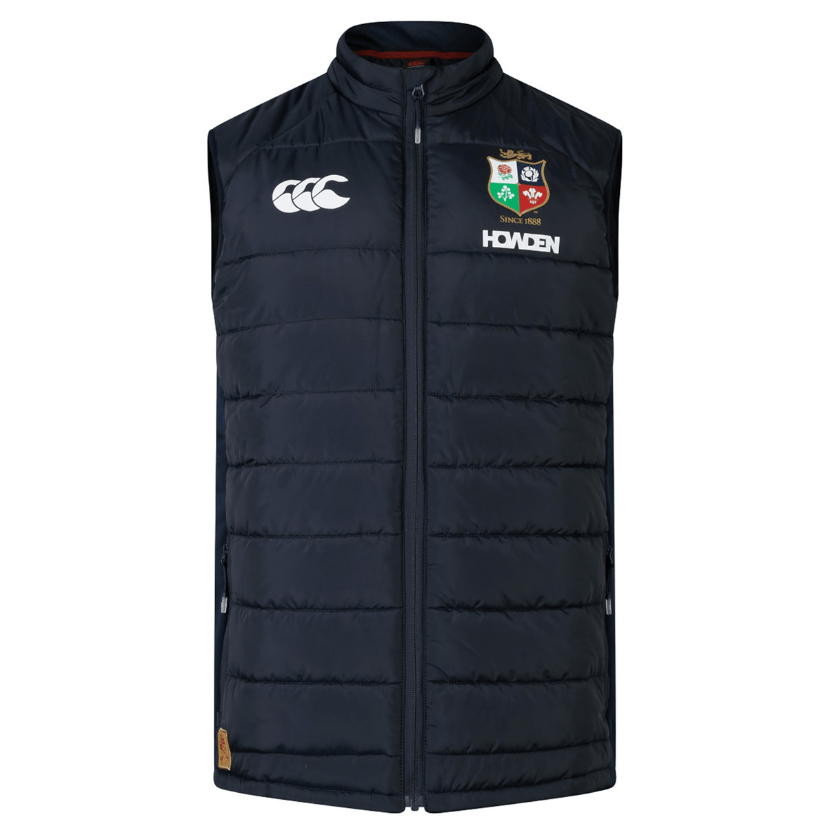 The British & Irish Lions 2025 Microlight Gilet by Canterbury comes in navy blue and showcases the British and Irish Lions logo, the Canterbury logo, and "Home" text on the front. Made with thermoreg fabric and recycled polyester, it combines style with sustainability.