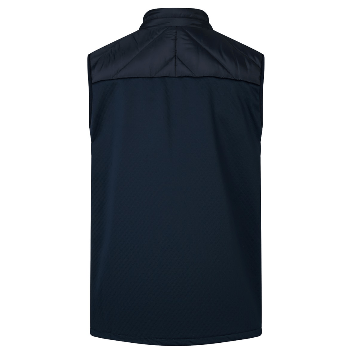 This navy blue sleeveless jacket, known as the British & Irish Lions 2025 Microlight Gilet by Canterbury, is displayed from the back. It includes a high collar and a quilted upper section designed with thermoreg fabric for optimal warmth. Additionally, it is crafted from recycled polyester.