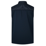 This navy blue sleeveless jacket, known as the British & Irish Lions 2025 Microlight Gilet by Canterbury, is displayed from the back. It includes a high collar and a quilted upper section designed with thermoreg fabric for optimal warmth. Additionally, it is crafted from recycled polyester.
