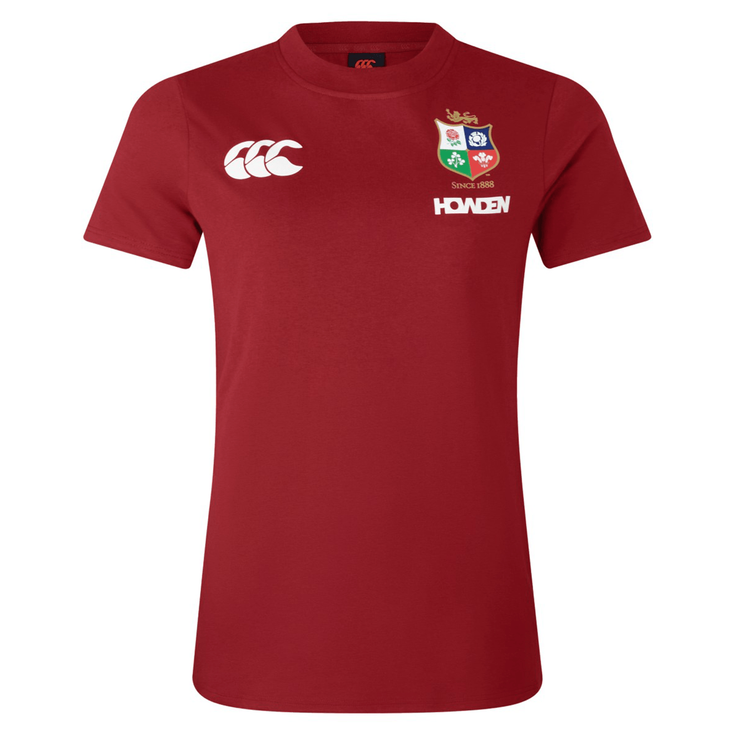 Women's British & Irish Lions 25 Cotton Jersey Tee by Canterbury, made from organic cotton with a white "CCC" logo on the left shoulder and a multi-colored crest on the right chest. "HONDEN" is printed below the crest, making it ideal for rugby enthusiasts.