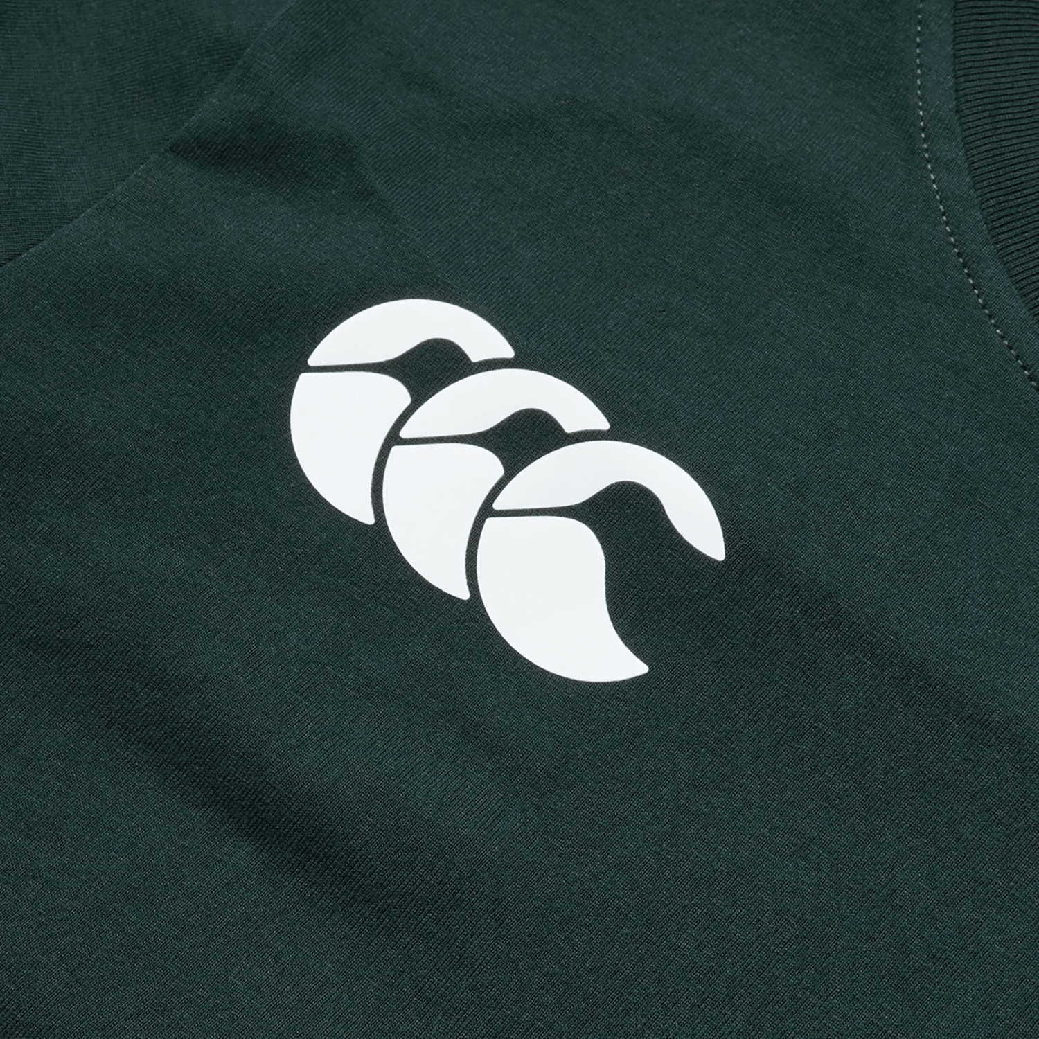 Close-up of the British & Irish Lions 2025 Women's Cotton Jersey Tee by Canterbury, a dark green garment made from organic cotton, showcasing a white logo with three stylized, overlapping curves – perfect for any rugby supporter.