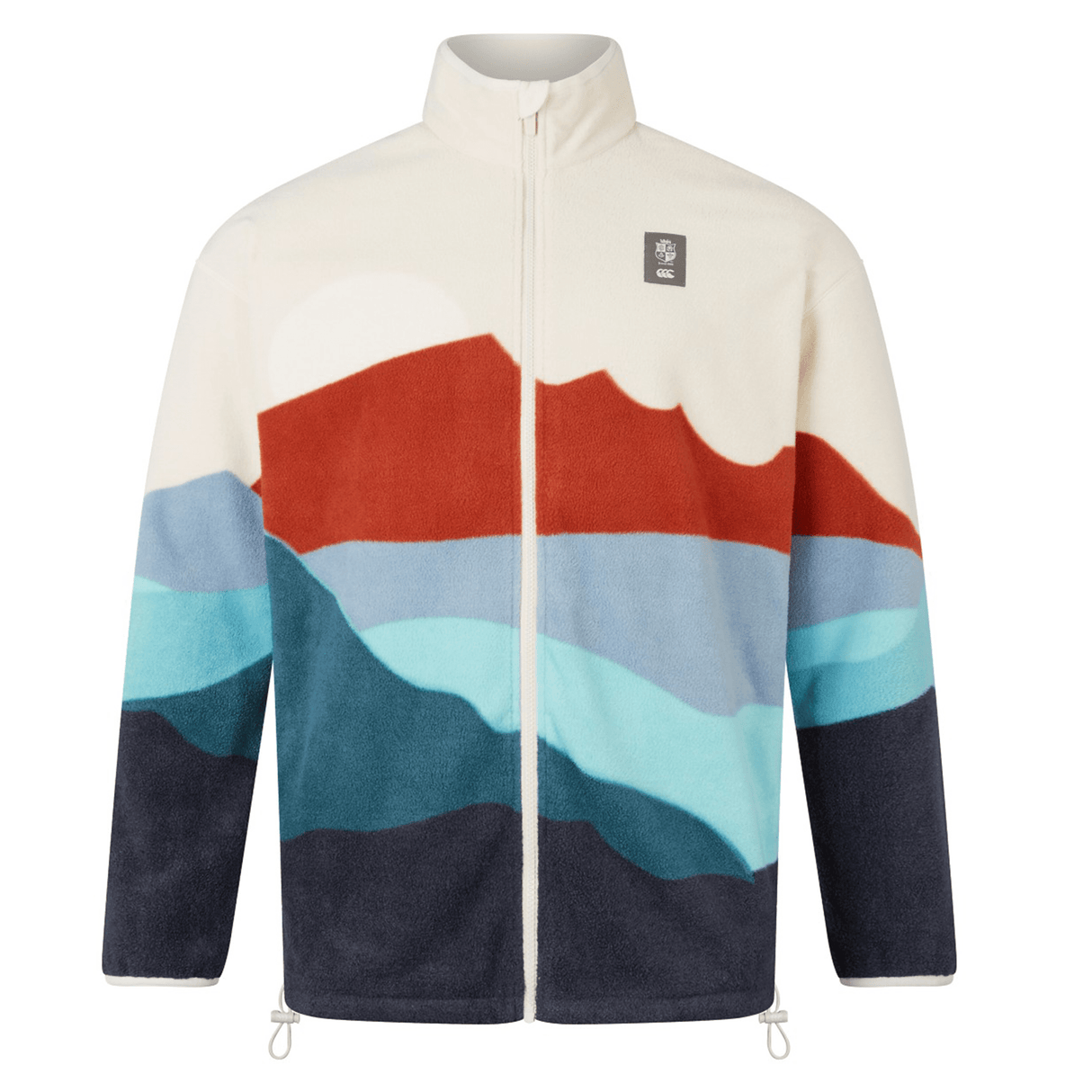 The British & Irish Lions 2025 Outback Full-Zip Fleece Jacket by Canterbury showcases a vibrant mountain landscape design with shades of red, blue, and cream, making it an ideal choice for British & Irish Lions enthusiasts.