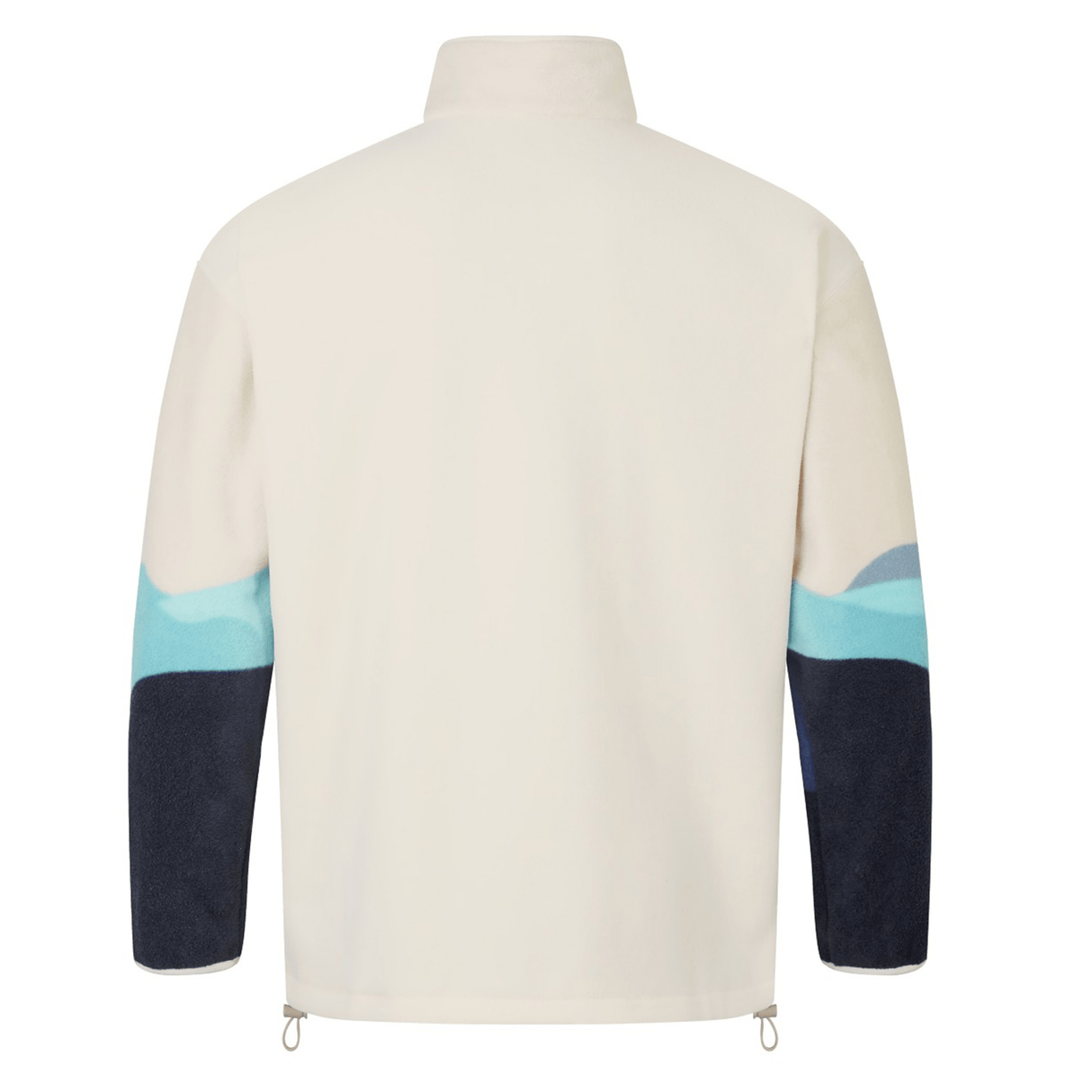 This British & Irish Lions 2025 Outback Full-Zip Fleece Jacket by Canterbury showcases a high collar and a cream body, accentuated by multicolored sleeves in blue and navy tones, embodying the spirit of the British & Irish Lions.