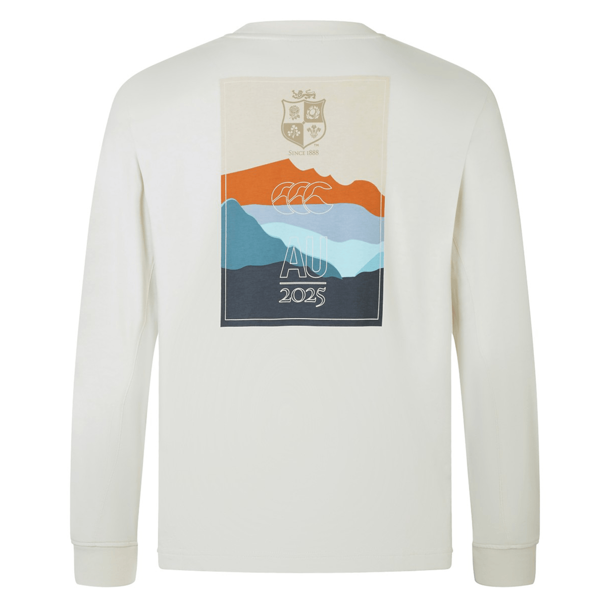 Canterbury's British & Irish Lions 25 Outback Long Sleeve Tee, adorned with a back graphic of abstract colored mountain shapes and the text "AU 2025.