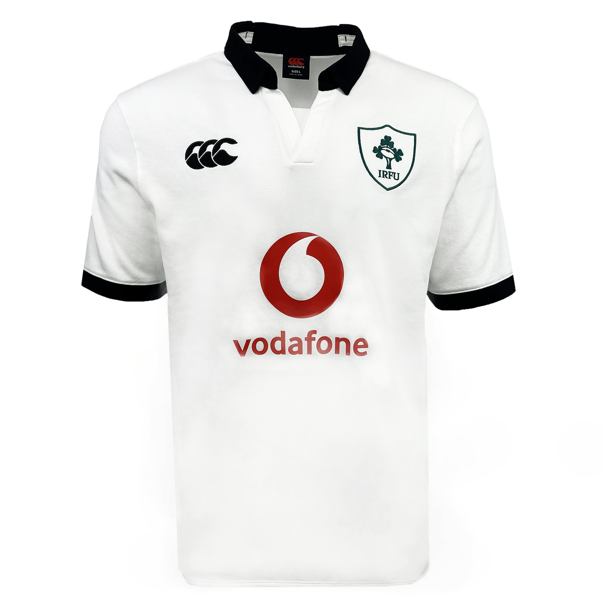 The Ireland 24 Alternate Classic Jersey by Canterbury features a white design with the Ireland Rugby Football Union (IRFU) logo on the left chest, a red Vodafone logo in the center, and a black collar and cuffs. This jersey is crafted using Canterbury's VapoDri technology for optimal performance.