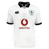 The Ireland 24 Alternate Classic Jersey by Canterbury features a white design with the Ireland Rugby Football Union (IRFU) logo on the left chest, a red Vodafone logo in the center, and a black collar and cuffs. This jersey is crafted using Canterbury's VapoDri technology for optimal performance.