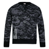 The Canterbury Force Crew Sweatshirt features a black and gray camouflage print, long sleeves, a round neckline, and a small graphic patch near the bottom hem.