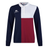 The Women's Canterbury Harlequin Weber Long Sleeve Rugby Jersey features a blue, white, and red color block resembling Harlequin style, with a classic white collar and an embroidered Canterbury logo on the chest.