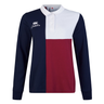 The Women's Canterbury Harlequin Weber Long Sleeve Rugby Jersey features a blue, white, and red color block resembling Harlequin style, with a classic white collar and an embroidered Canterbury logo on the chest.