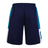 The Canterbury Harlequin Legends Short in navy blue features teal and white side panels and an elastic waistband, inspired by classic Canterbury rugby shorts, offering comfort and style for sports enthusiasts.