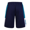 The Canterbury Harlequin Legends Short in navy blue features teal and white side panels and an elastic waistband, inspired by classic Canterbury rugby shorts, offering comfort and style for sports enthusiasts.