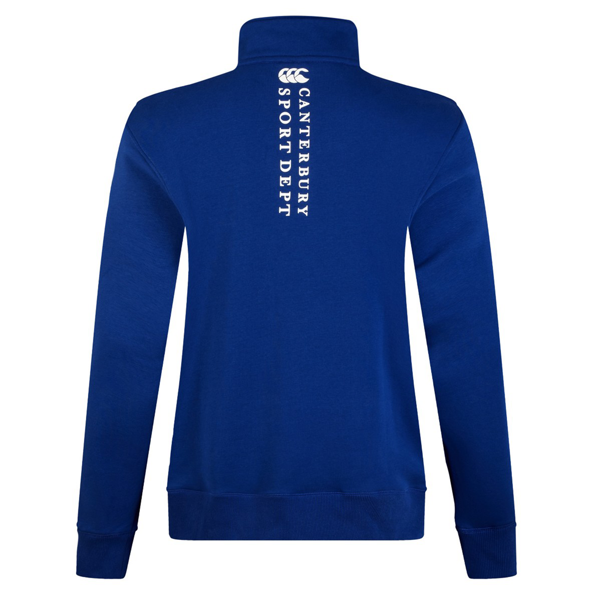 The back of the blue Canterbury Sport Dept 1/4 Zip Pullover displays "Canterbury Sport Dept" text on the upper back. This pullover, known for its rib-knit cuffs, merges style and functionality for sports lovers.
