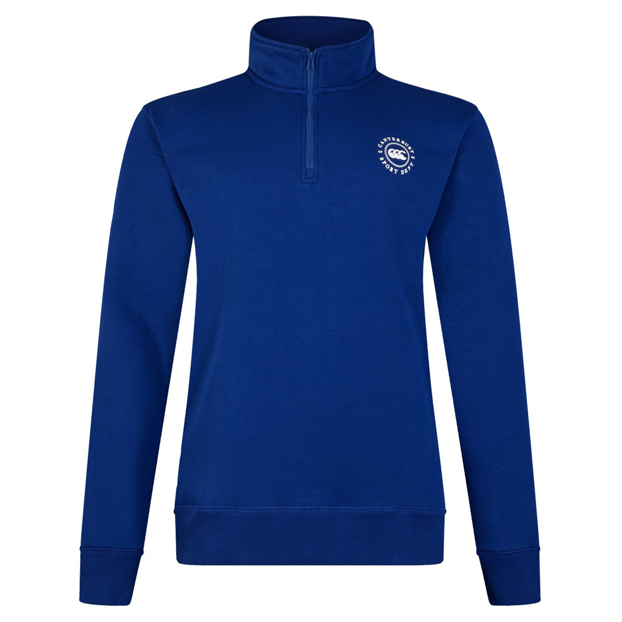 The Canterbury Sport Dept 1/4 Zip Pullover by Canterbury showcases a blue long-sleeve with rib-knit cuffs and a quarter-zip front, completed with a small white circular logo on the chest for a sleek touch.
