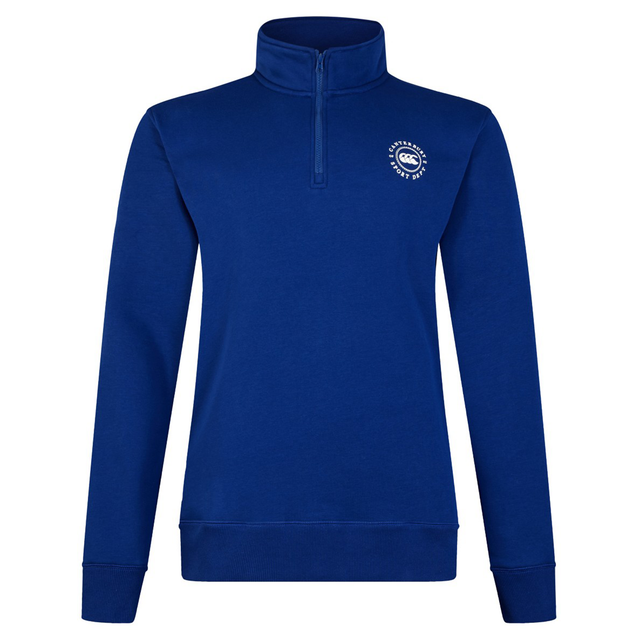 The Canterbury Sport Dept 1/4 Zip Pullover by Canterbury showcases a blue long-sleeve with rib-knit cuffs and a quarter-zip front, completed with a small white circular logo on the chest for a sleek touch.