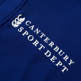 The Canterbury Sport Dept 1/4 Zip Pullover by Canterbury showcases a blue fabric with "CANTERBURY SPORT DEPT" text and a logo of three overlapping white shapes, complemented by classic rib-knit cuffs for comfort and style.