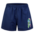 The Canterbury Uglies 5" Tactic Short features a navy blue design with an elastic waistband and a colorful abstract pattern on the left leg. These lightweight shorts ensure ultimate comfort and functionality.
