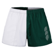 The Canterbury Fundamental 3" Harlequin Shorts, by Canterbury, boast a half-white, half-dark green design ideal for athletic activities. Made from durable cotton, they feature an elastic waistband and a logo on the green side.