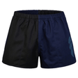 Explore the Canterbury Fundamental 3" Harlequin Short, ideal for athletic pursuits. These two-tone shorts feature a black and navy split design with a subtle blue graphic on the right leg, crafted from durable cotton fabric.