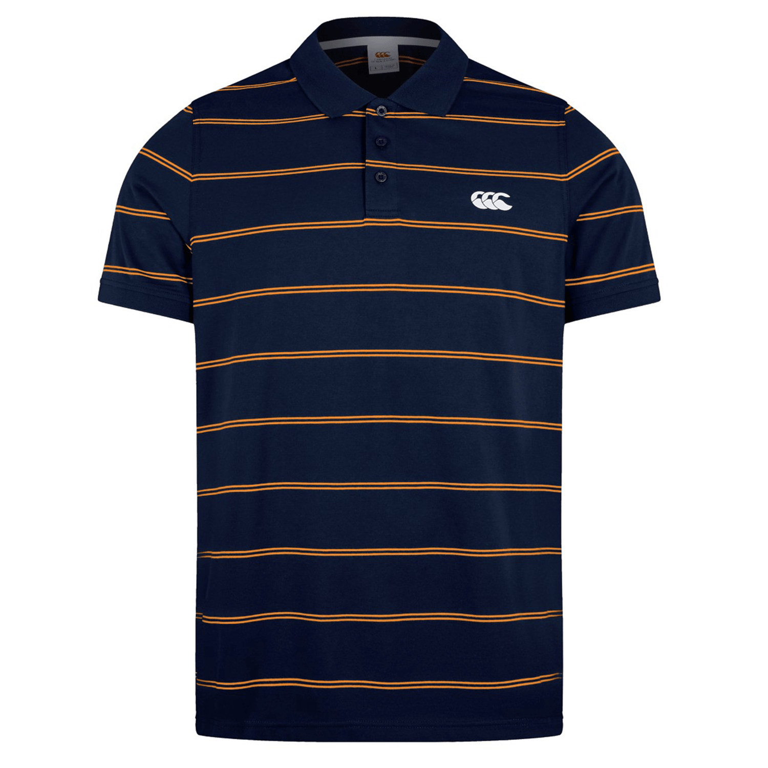 The Canterbury Fundamental Yarn-Dye Stripe Polo features classic navy and orange stripes with a three-button collar. A sleek white Canterbury logo adorns the left chest for added distinction.