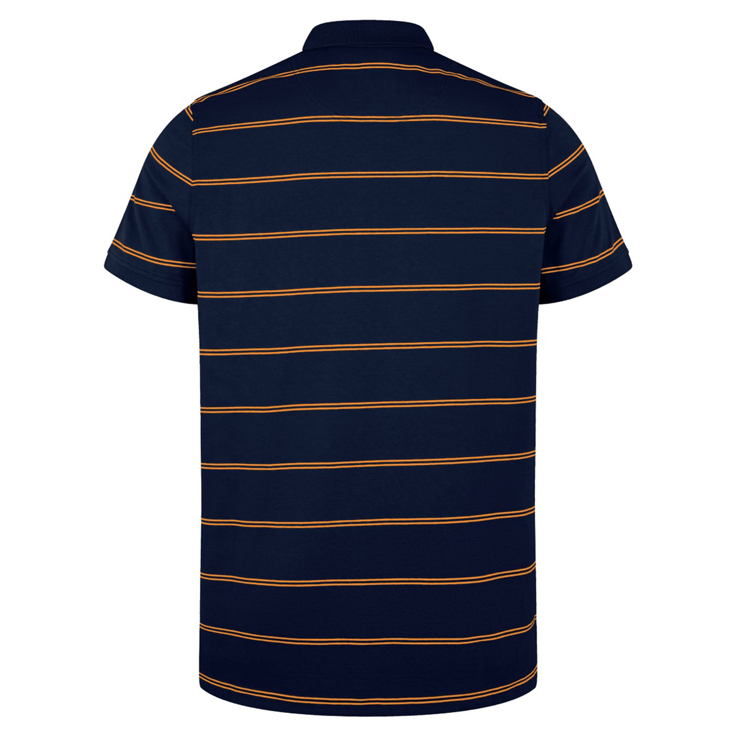 Back view of the Canterbury Fundamental Yarn-Dye Stripe Polo by Canterbury, a short-sleeve navy blue shirt with thin orange horizontal stripes.