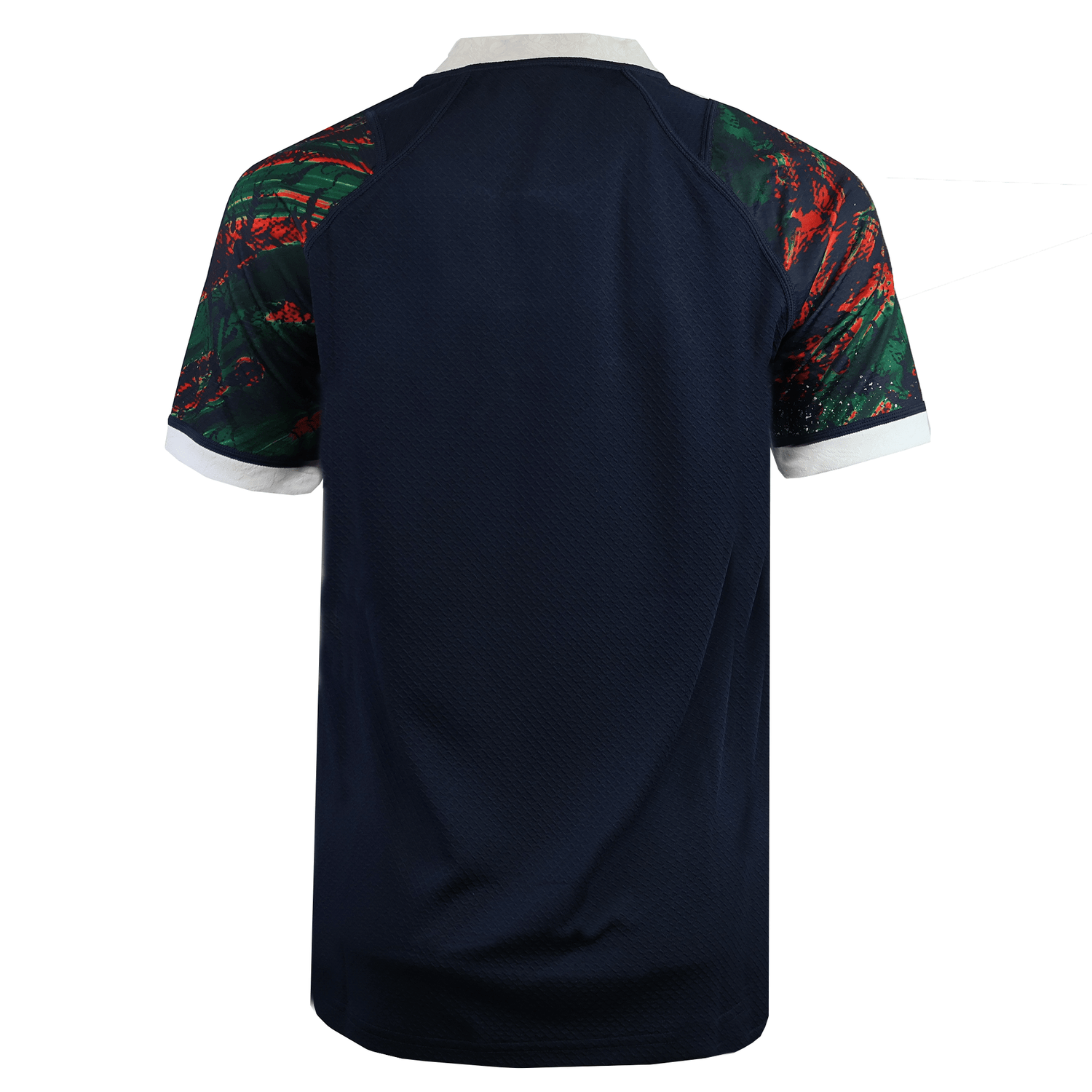 Back of the Youth British & Irish Lions 2025 Warm Up Jersey by Canterbury shows short sleeves, navy moisture-wicking fabric, white collar/cuffs, and colorful abstract sleeve design.