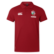 The British & Irish Lions 25 Pique Polo by Canterbury is a red polo shirt featuring white embroidery with the iconic British & Irish Lions logo on the left chest and right sleeve.