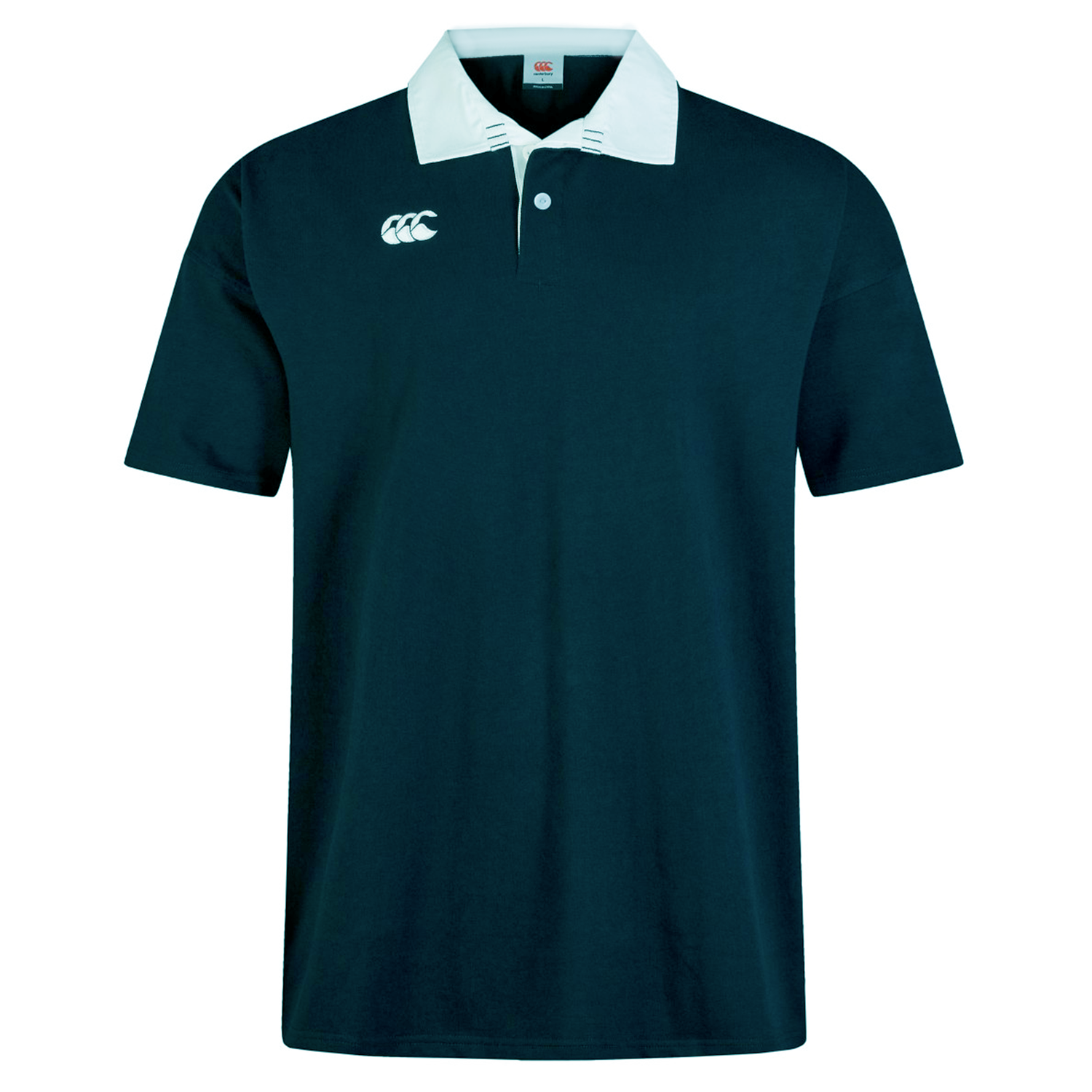 The Canterbury Solid Dye Short Sleeve Rugby Jersey is dark green with a white collar, embroidered logo on the chest, and is made from premium fabric for lasting comfort.