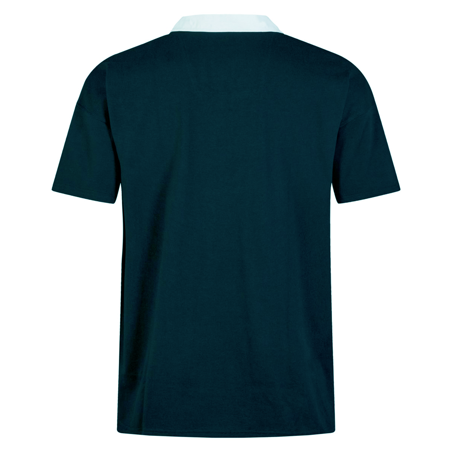 The Canterbury Solid Dye Short Sleeve Rugby Jersey is a black short-sleeve shirt featuring a white collar, reminiscent of a classic rugby jersey, viewed from the back.