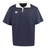 The Canterbury Fundamental Solid Dye Short Sleeve Rugby Jersey by Canterbury is a navy blue polo with a classic collar, white buttons, and a small white logo on the left chest.