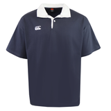 The Canterbury Fundamental Solid Dye Short Sleeve Rugby Jersey by Canterbury is a navy blue polo with a classic collar, white buttons, and a small white logo on the left chest.