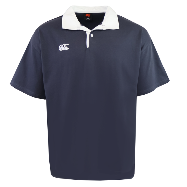 The Canterbury Fundamental Solid Dye Short Sleeve Rugby Jersey by Canterbury is a navy blue polo with a classic collar, white buttons, and a small white logo on the left chest.